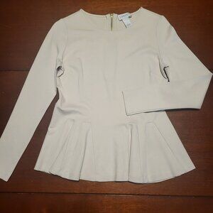 Carmen Marc Valvo Long Sleeve Round Neck Peplum Top Small Cream